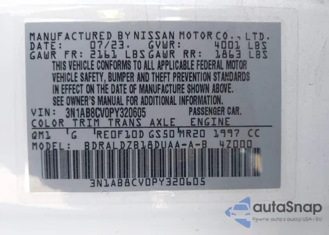 2023 Nissan Sentra Sv Xtronic Cvt из США, поврежденный, VIN 3N1AB8CV0PY320605